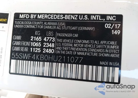 2017 Mercedes-Benz C 300 4Matic from USA, damaged, VIN 55SWF4KB0HU211077